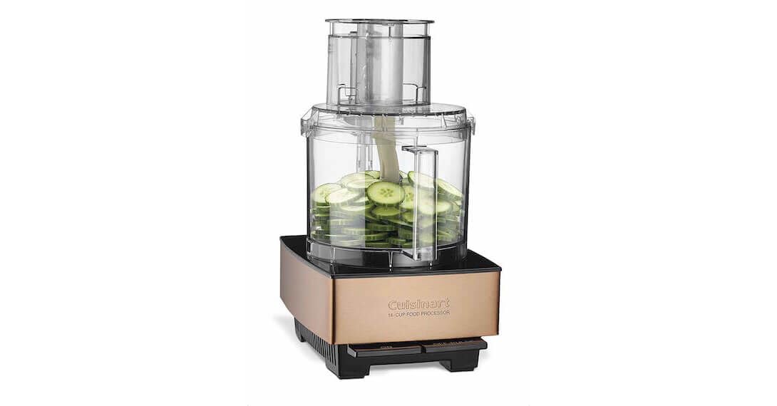 Cuisinart DFP-14CPY feed tube enables feeding whole fruits for quick prep.