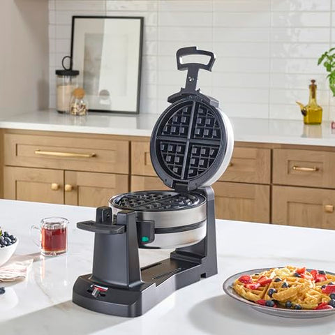 Cuisinart Double Flip waffle maker showing rotary flip mechanism for uniform cooking
