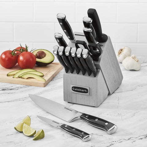 Cuisinart knife with ergonomic handle and safety bolster for control.