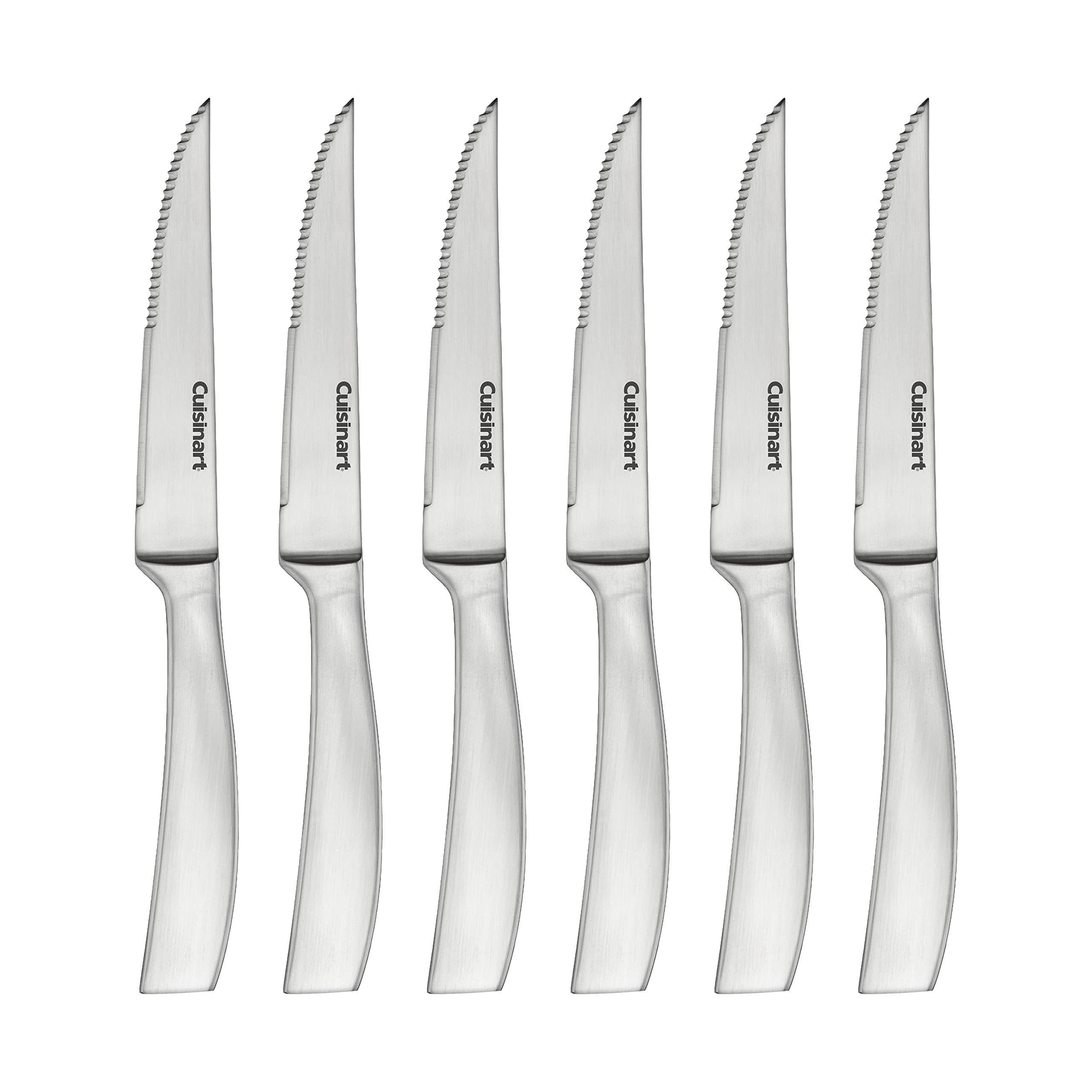Cuisinart forged stainless steel premium steak knives close-up showing ultra-sharp V-Edge for precise slicing.