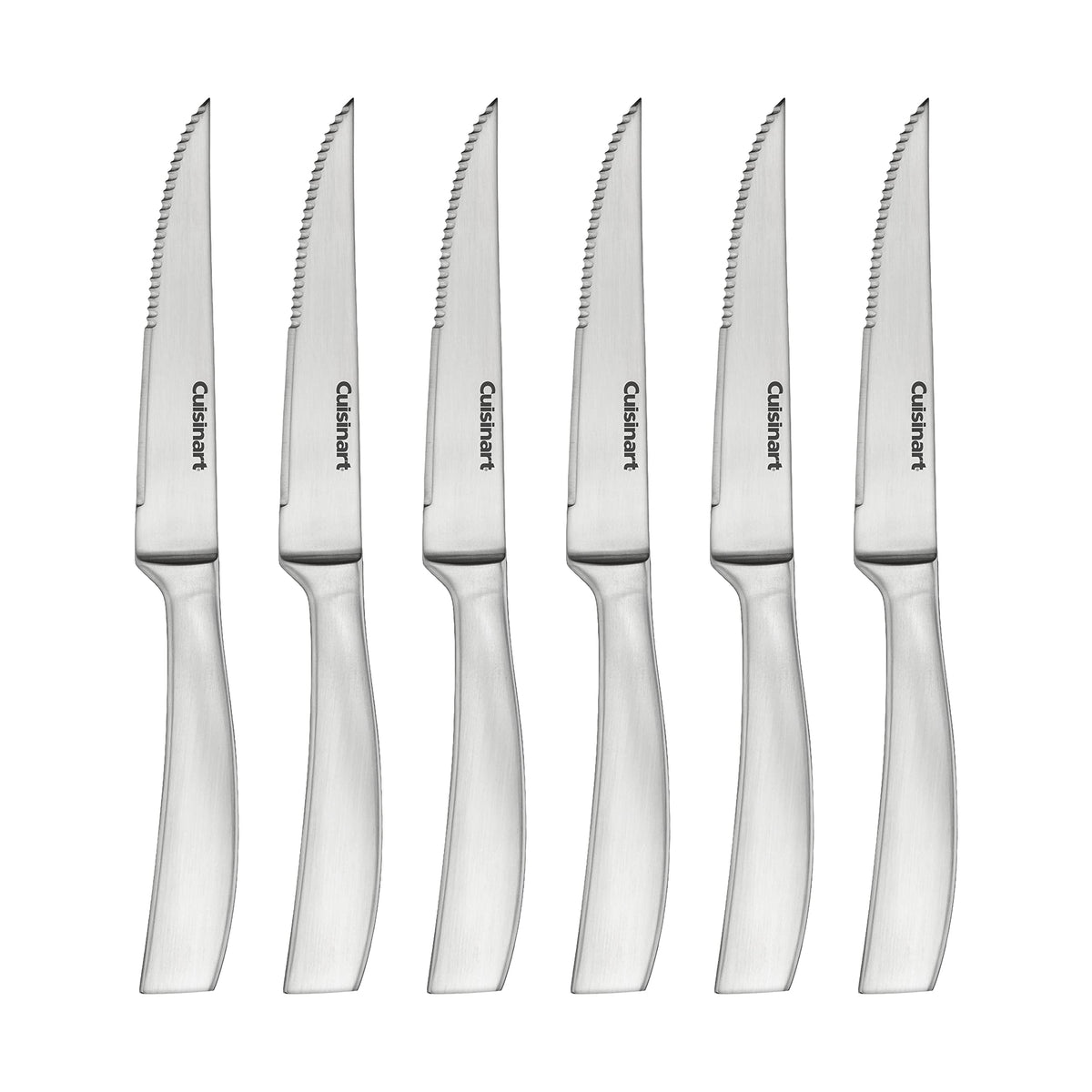 Cuisinart forged stainless steel premium steak knives close-up showing ultra-sharp V-Edge for precise slicing.