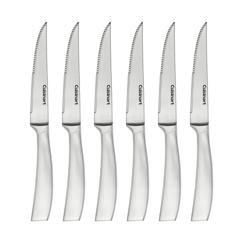 Cuisinart forged stainless steel premium steak knives close-up showing ultra-sharp V-Edge for precise slicing.