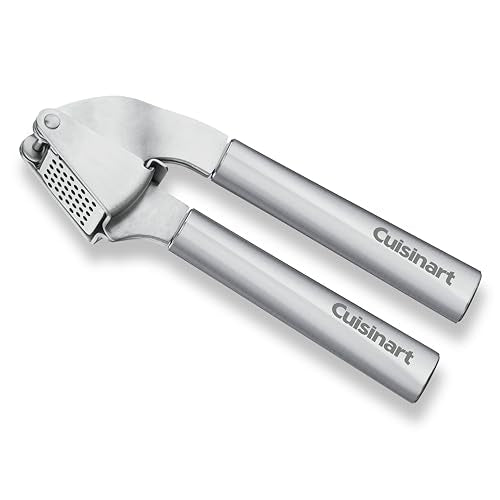 Cuisinart garlic press handle detail highlights nylon head and nonstick-safe design for effortless crushing.
