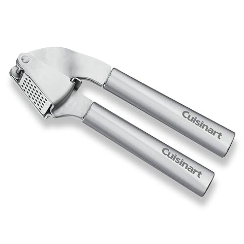Cuisinart garlic press handle detail highlights nylon head and nonstick-safe design for effortless crushing.