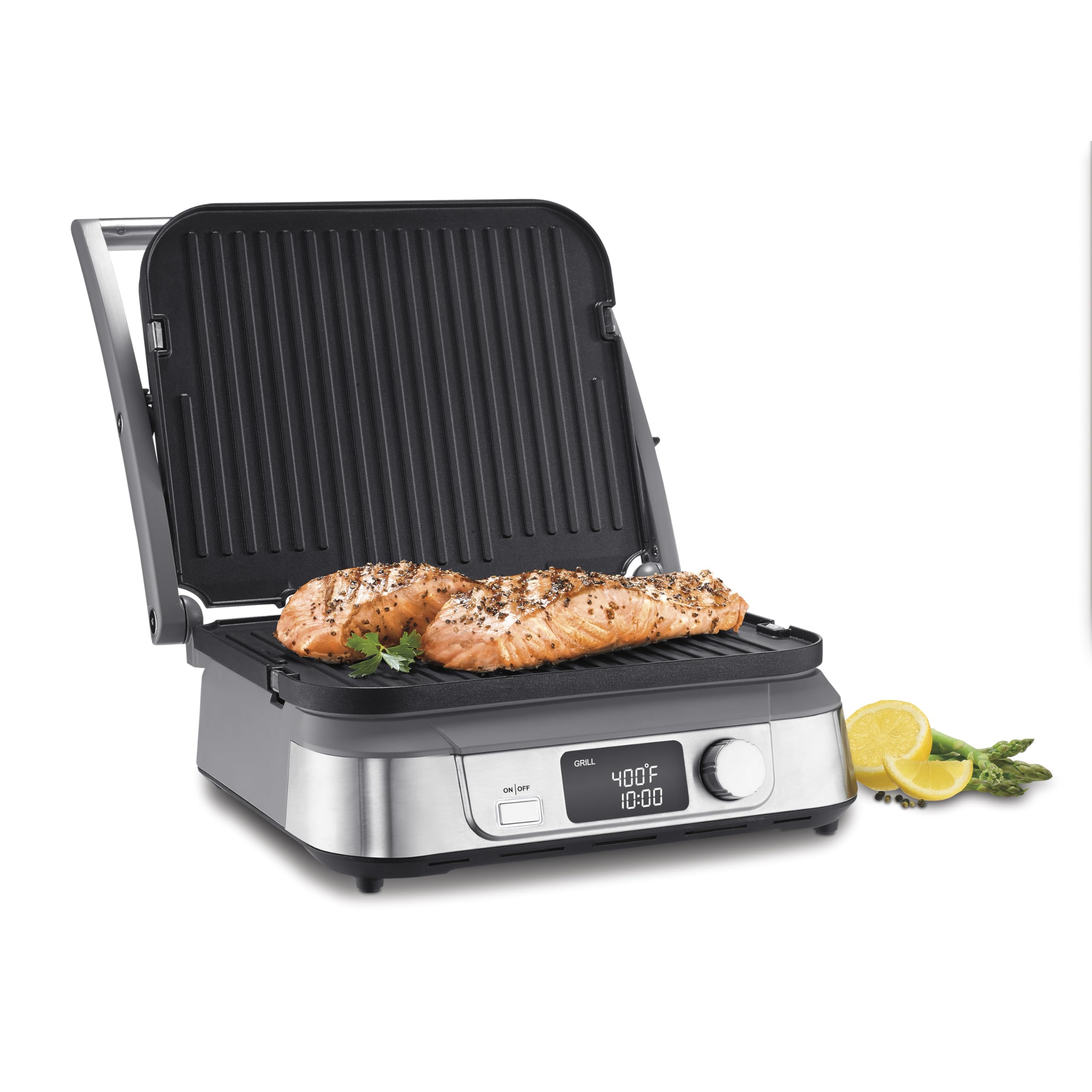 Cuisinart Griddler FIVE LCD display enables precise cooking control.