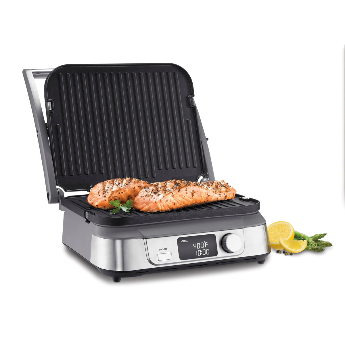 Cuisinart Griddler FIVE LCD display enables precise cooking control.
