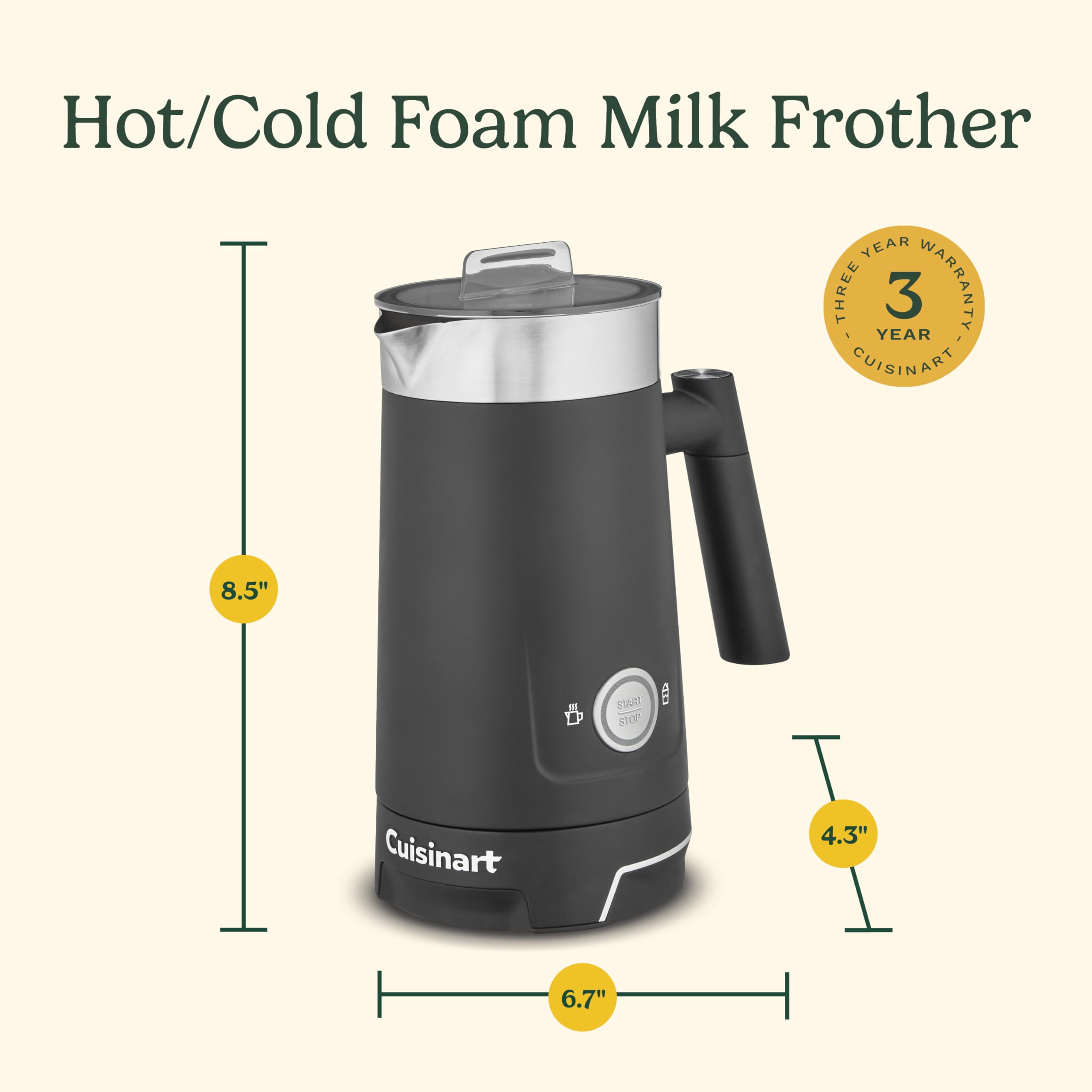 Cuisinart Hot and Cold Foam Frother lid-warranty shows dishwasher-safe lid and 3-year warranty