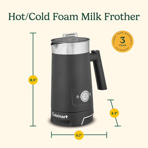 Cuisinart Hot and Cold Foam Frother lid-warranty shows dishwasher-safe lid and 3-year warranty