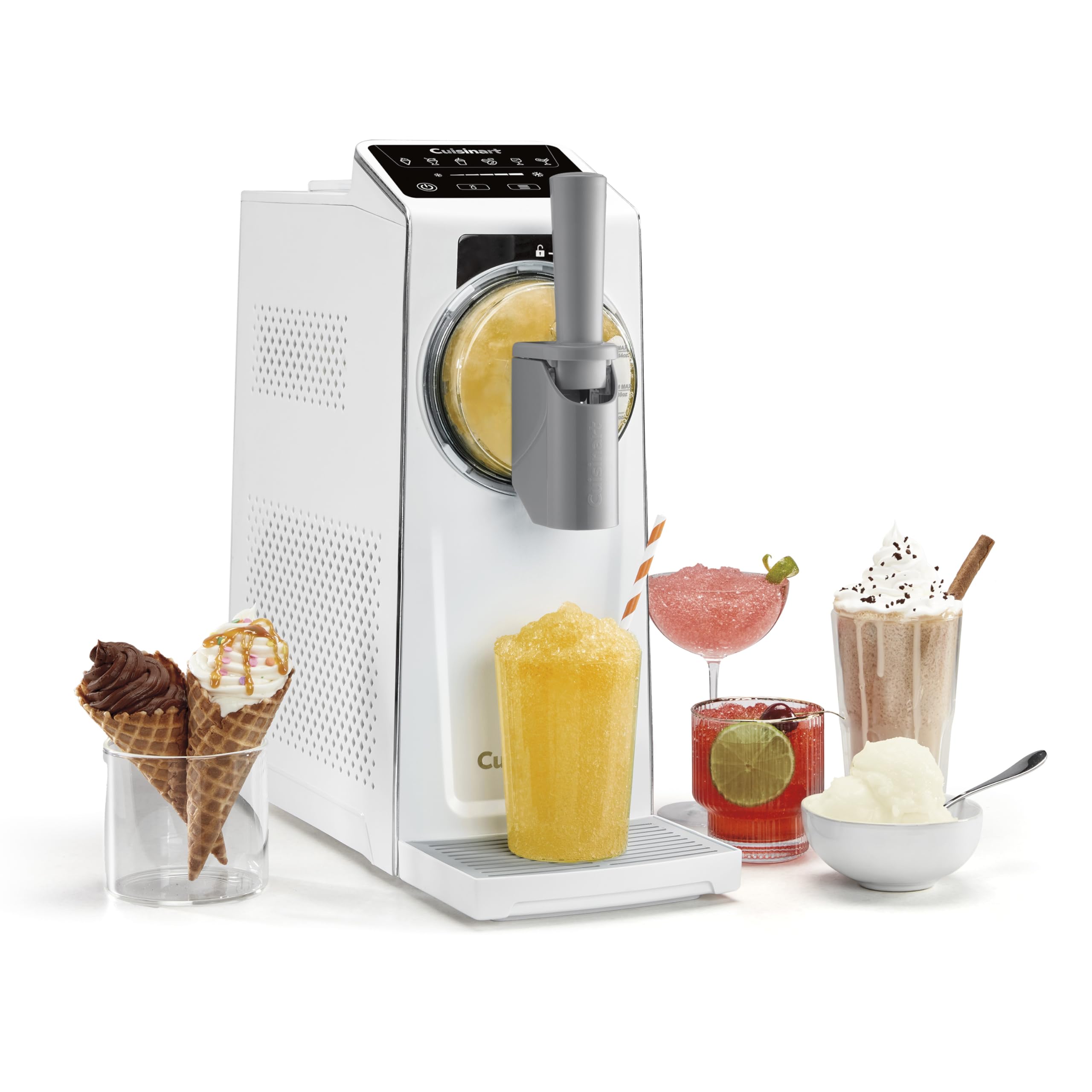 Cuisinart ICE-200 front view with six presets for frozen treats at home.