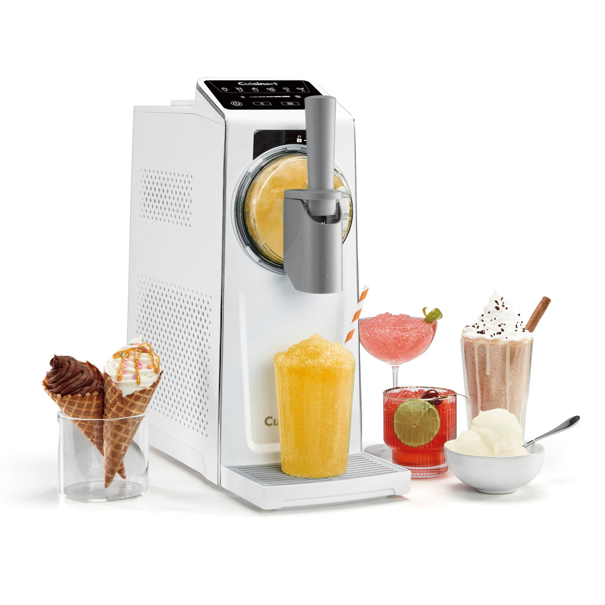 Cuisinart ICE-200 front view with six presets for frozen treats at home.