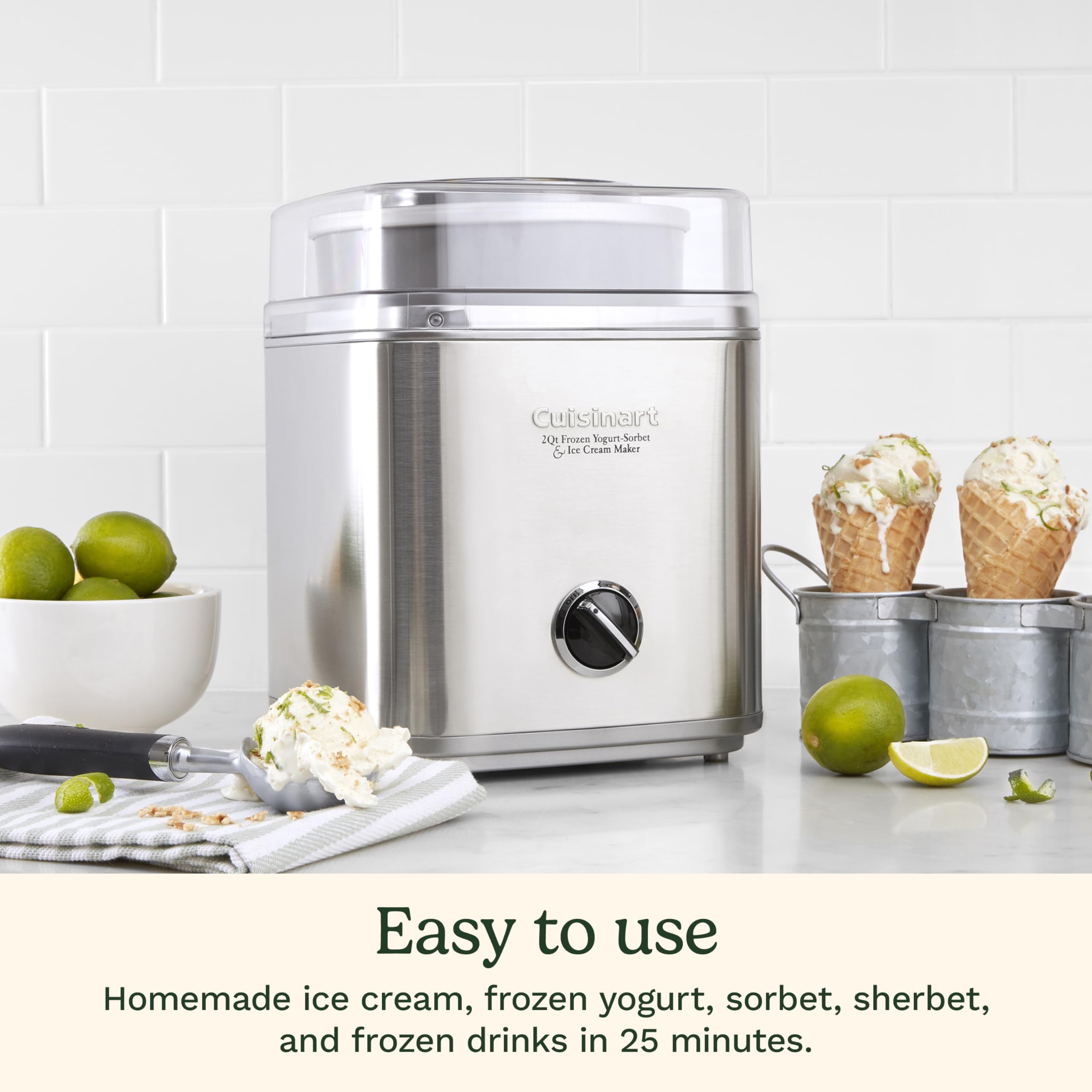 Cuisinart ice cream maker in brushed stainless steel adds modern kitchen appeal.