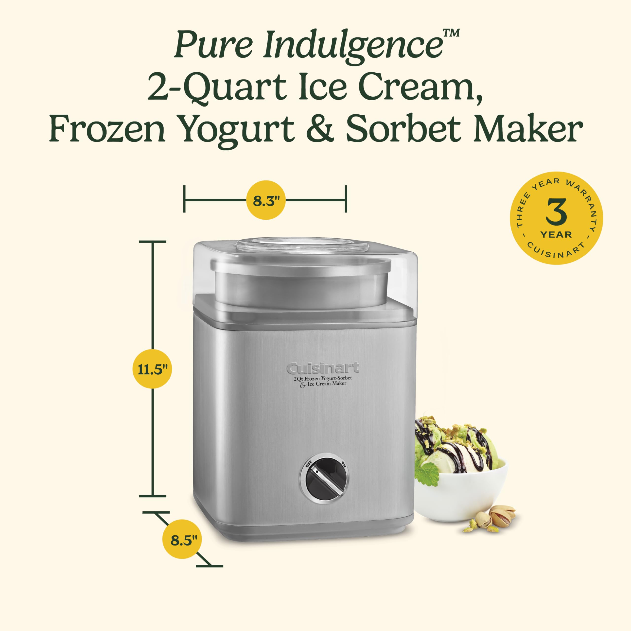 Cuisinart ice cream maker design fits compact countertops, ideal for small kitchens.