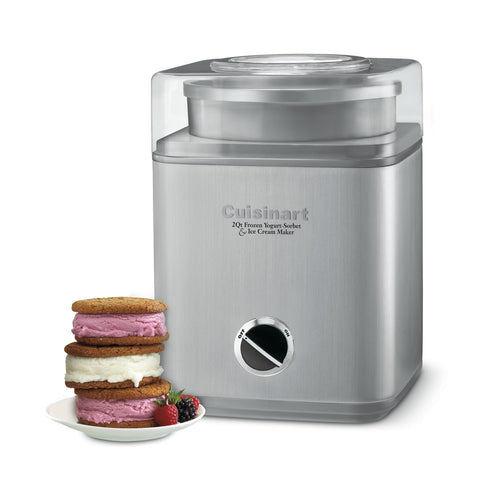 Cuisinart ice cream maker with double-insulated bowl keeps batches cold for quick freezing.