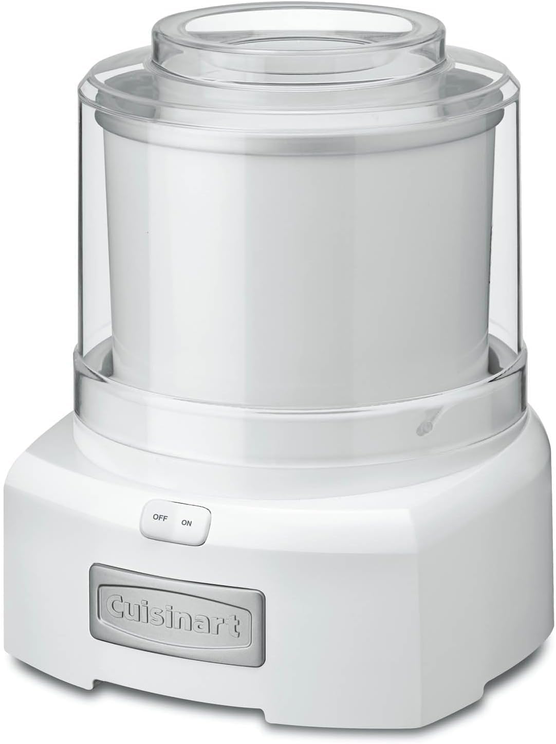 Cuisinart ice cream maker exterior in white, sleek compact design for home use.