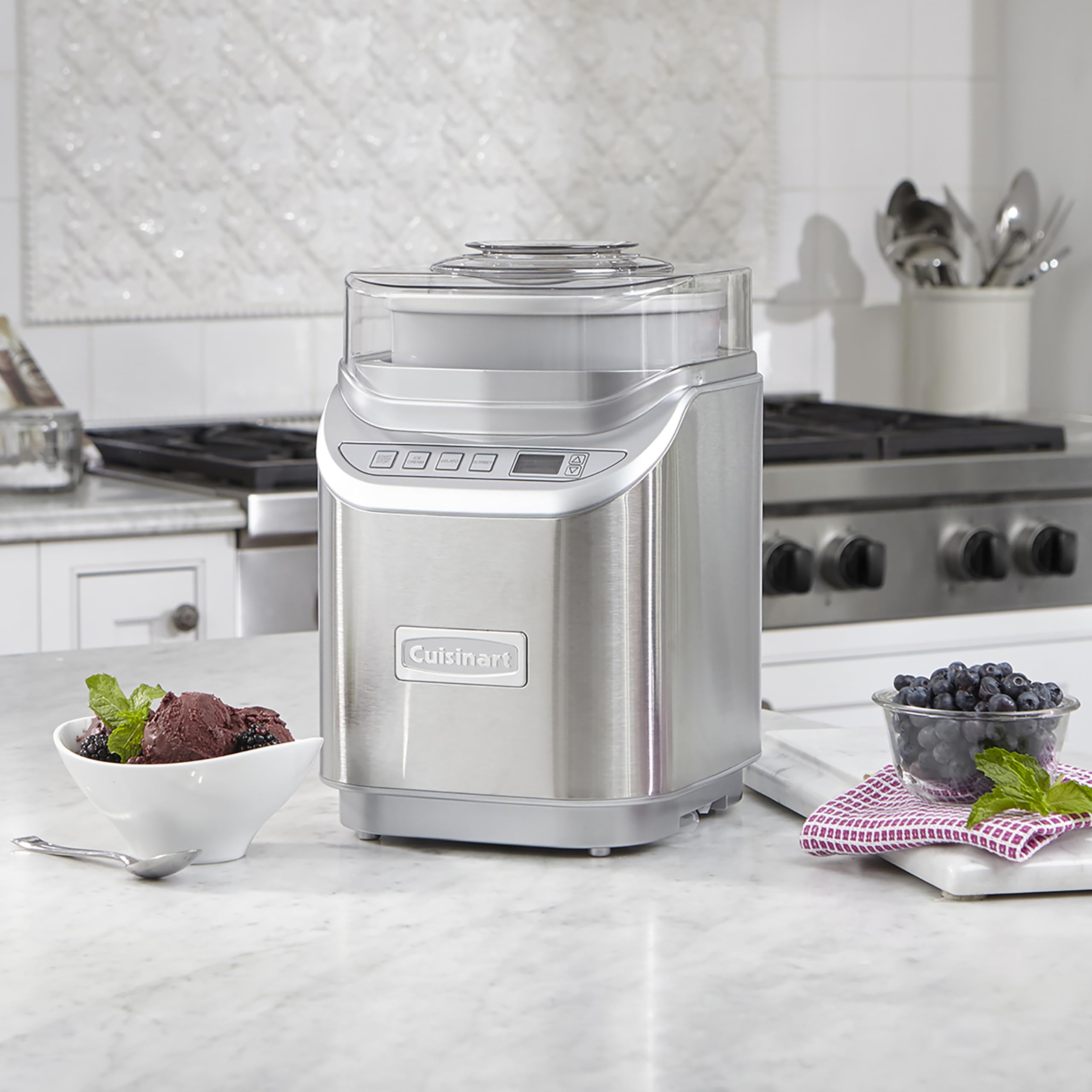 Cuisinart ice cream maker lid shows ingredient spout for easy pouring