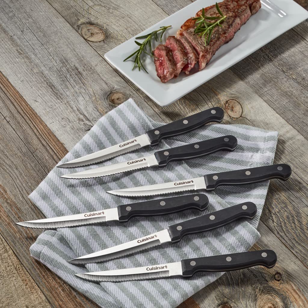 Cuisinart six-piece steak knives featuring an extra-wide forged safety bolster.