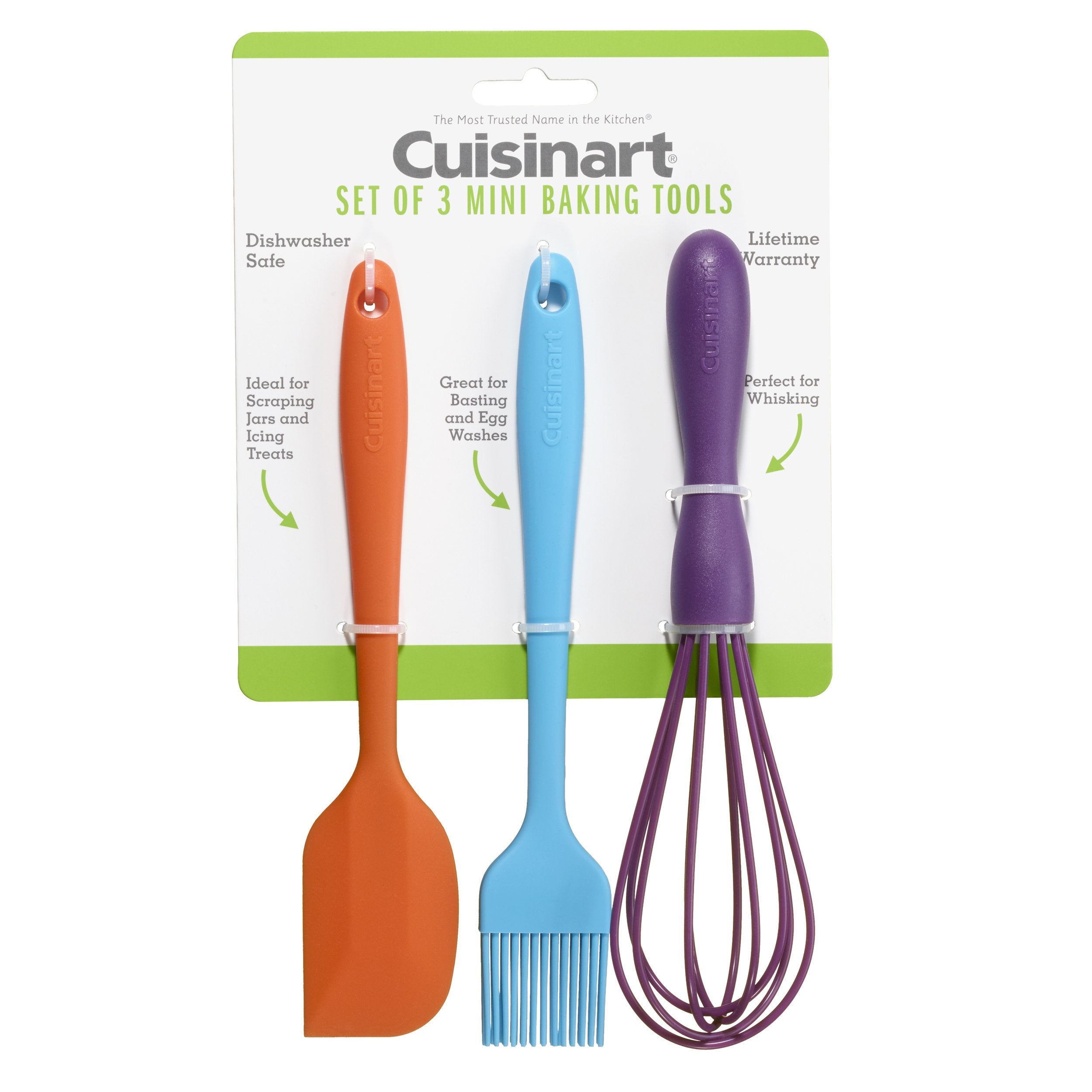 Cuisinart mini baking tools set with spatula, brush, and whisk for small-batch tasks.