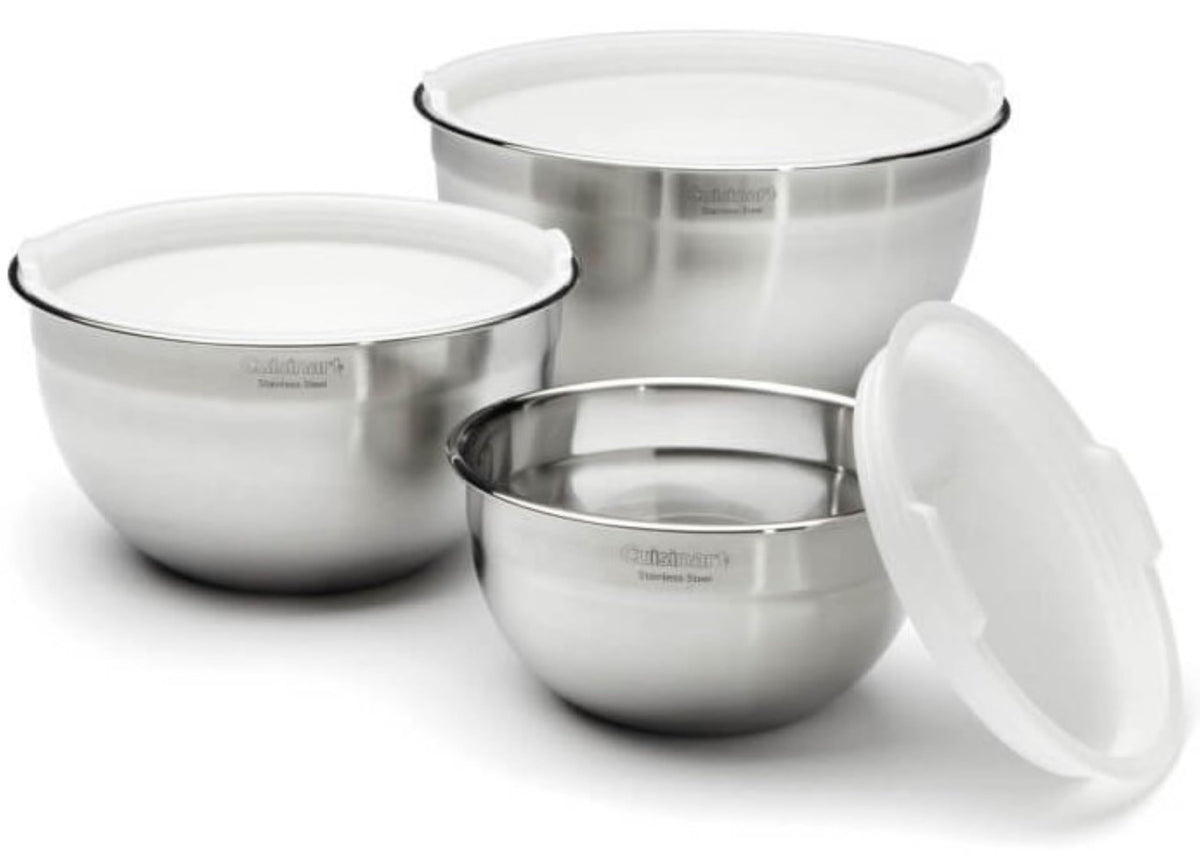 Cuisinart mixing bowls nested with lids, saving space and storing leftovers.