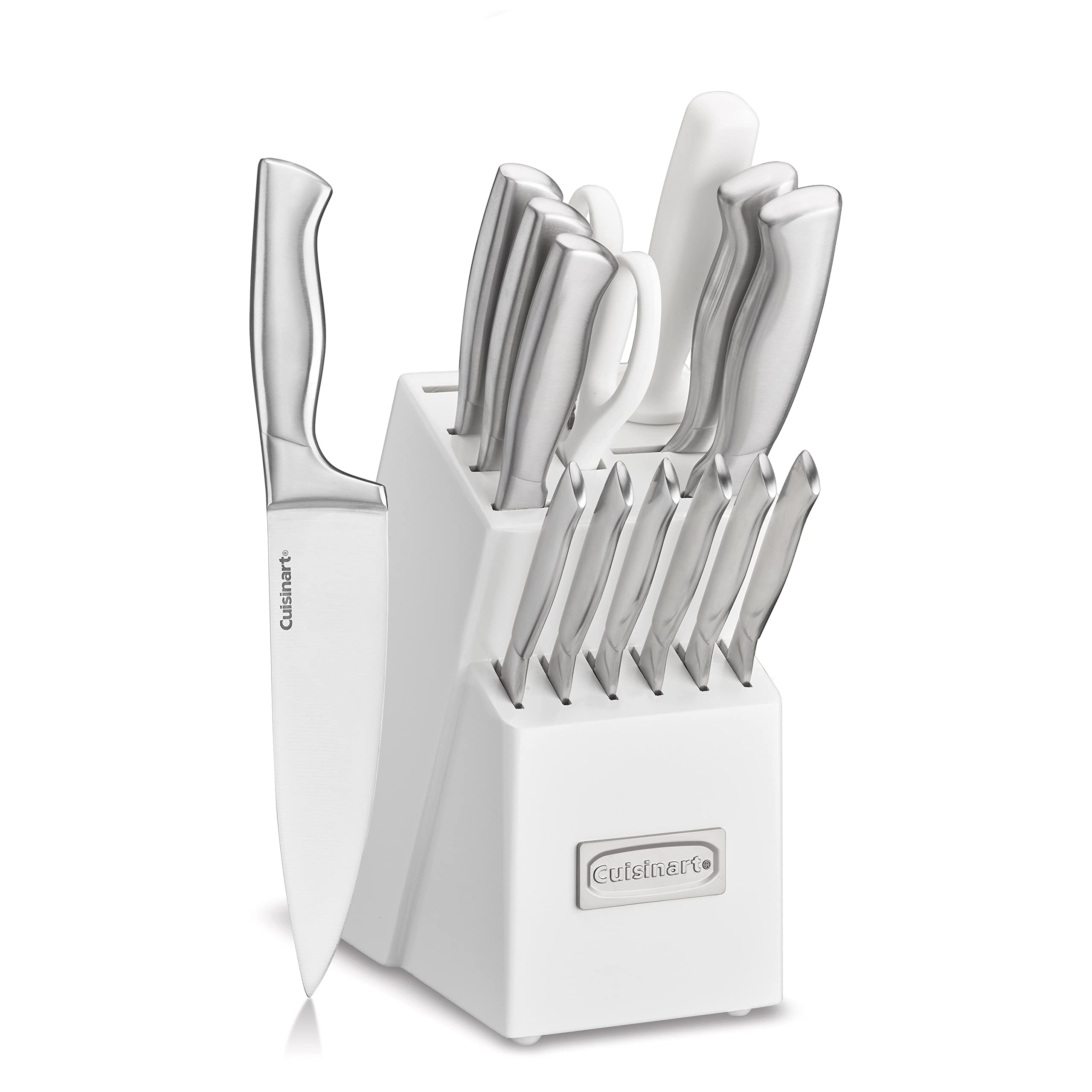 Cuisinart professional block knife set neatly stored in a wooden block for organized storage.