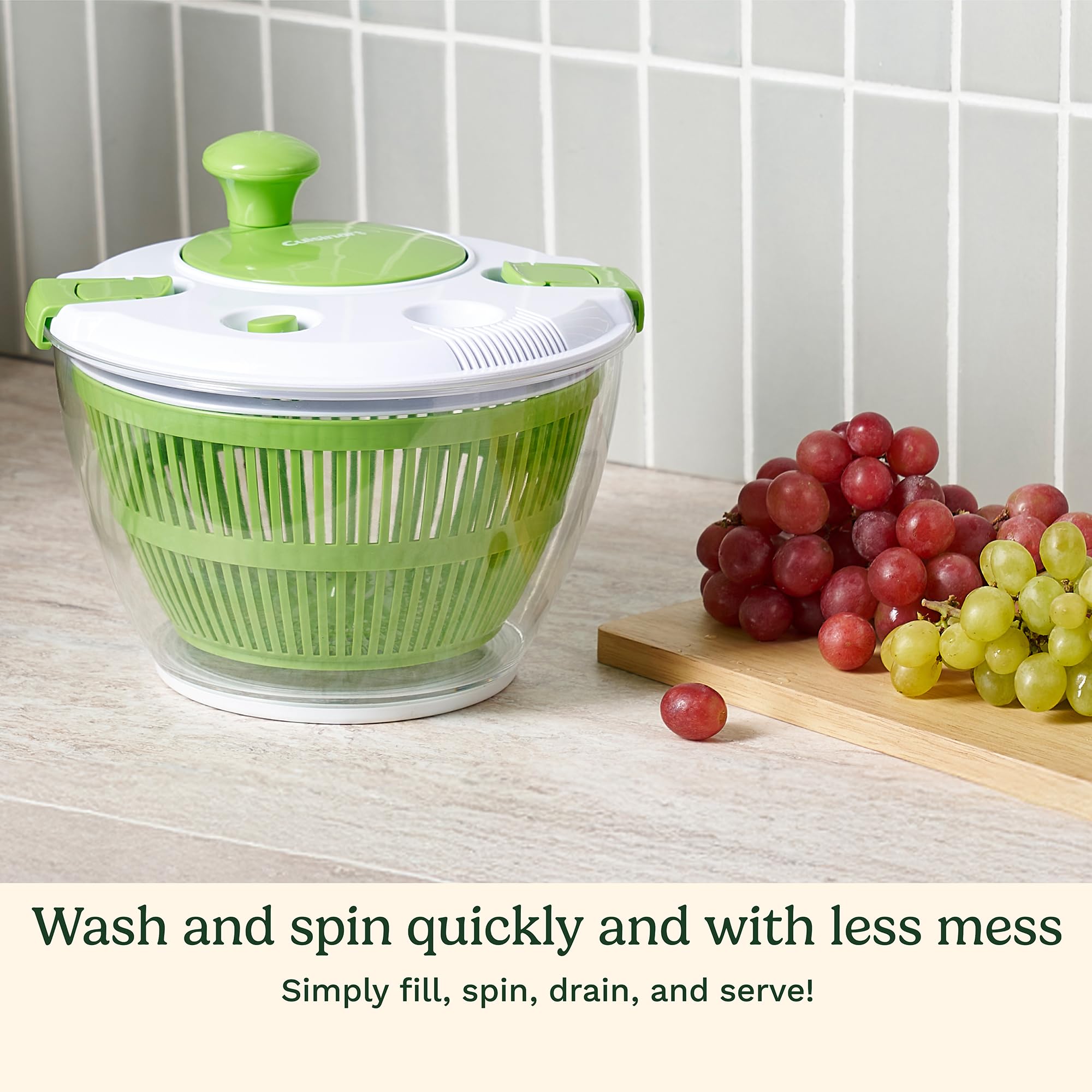 Cuisinart salad spinner lid closed shows top drain for mess free drainage