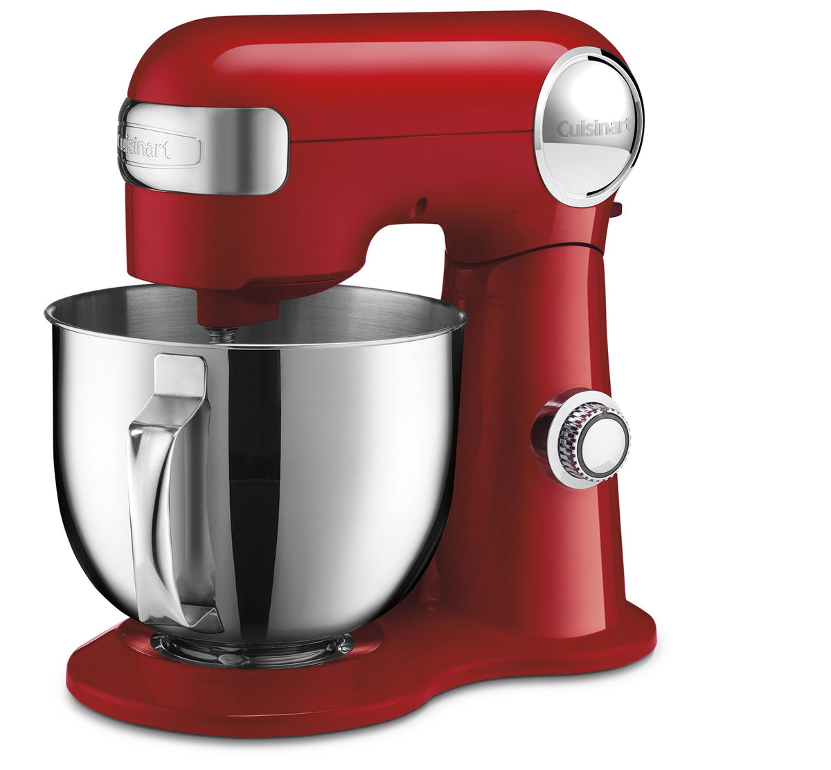 Cuisinart stand mixer Ruby Red on counter, ideal for batters and doughs.