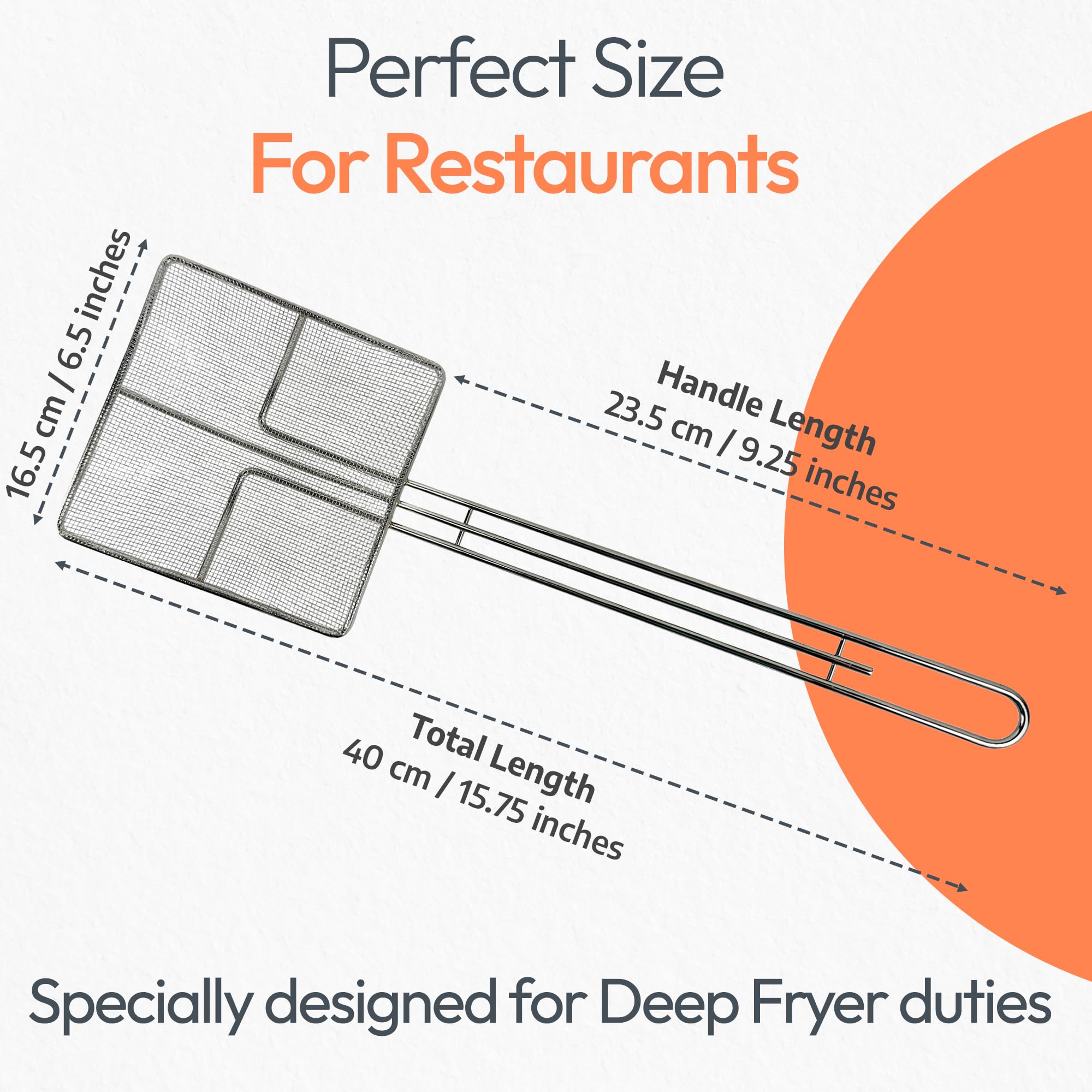 Cuisine Ready deep fryer strainer showing 6.5-inch square mesh for debris removal.