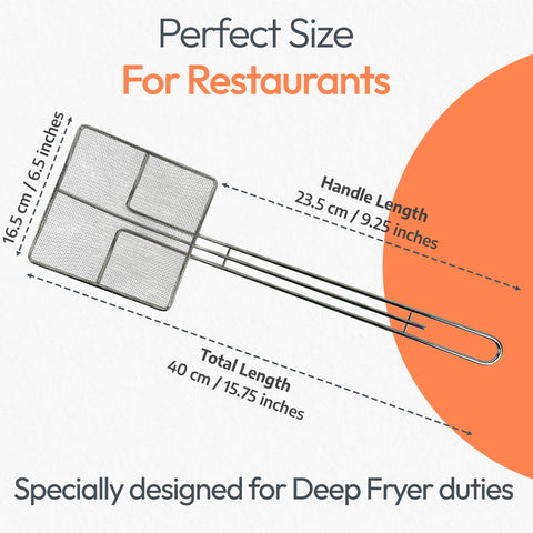Cuisine Ready deep fryer strainer showing 6.5-inch square mesh for debris removal.