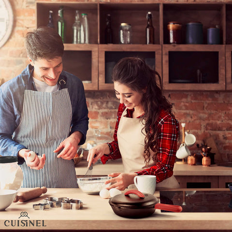 Cuisinel 10-inch skillet with silicone handle for safe grip during cooking.