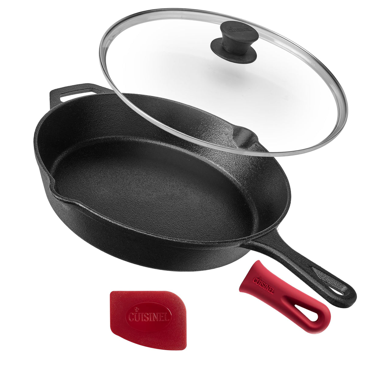 Cuisinel 12-inch cast iron skillet with tempered glass lid for even heating.