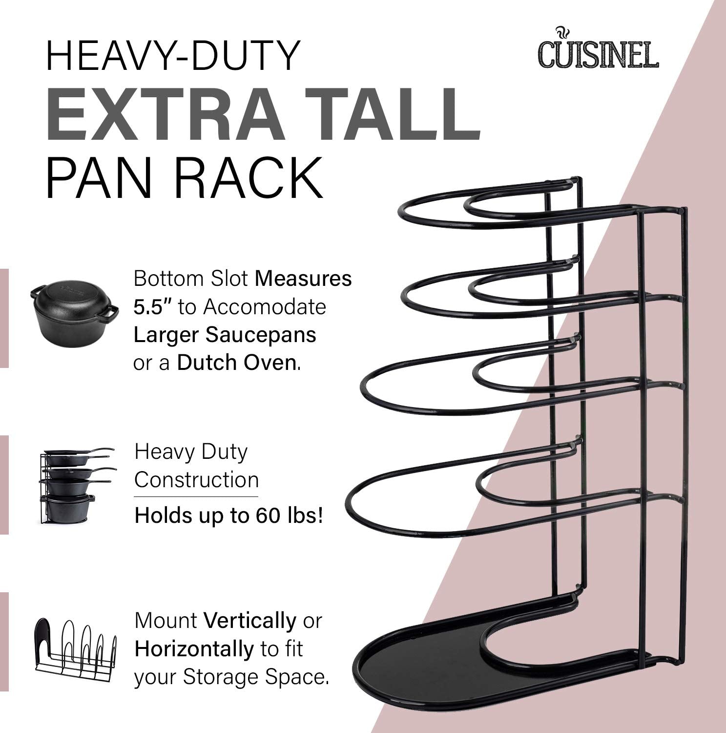 Cuisinel cast-iron skillet organizer holds heavy pans while saving cabinet space.