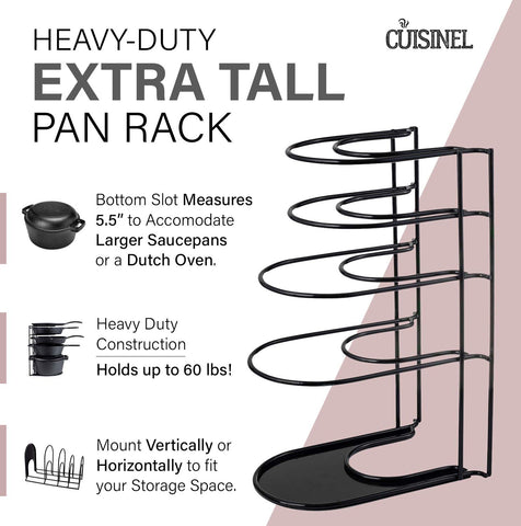 Cuisinel cast-iron skillet organizer holds heavy pans while saving cabinet space.