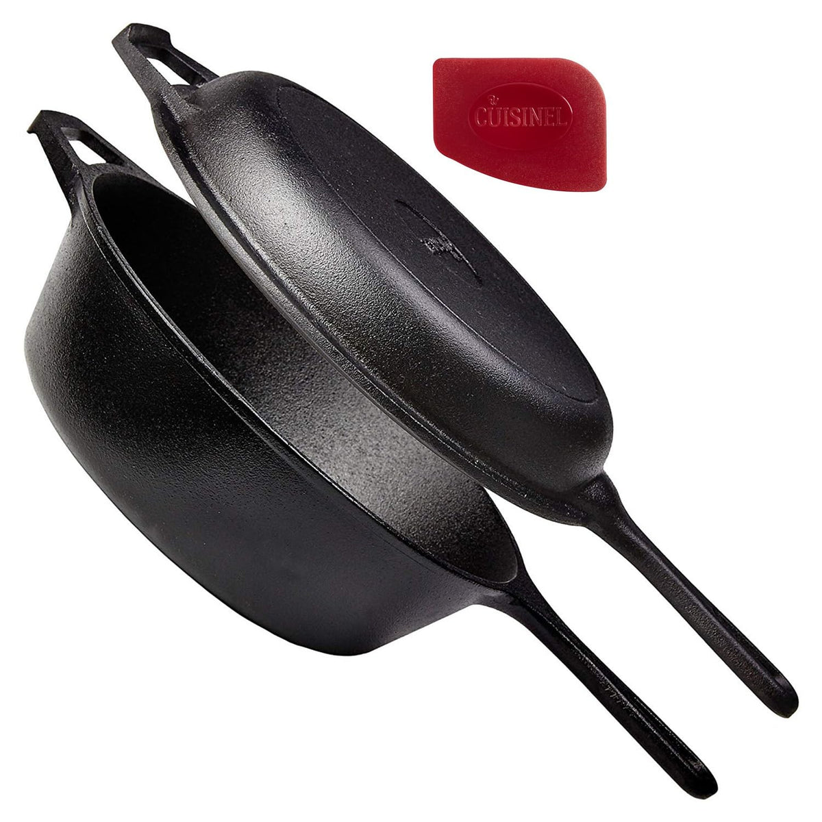Cuisinel cast iron skillet with lid on stove demonstrates even heat distribution for versatile cooking
