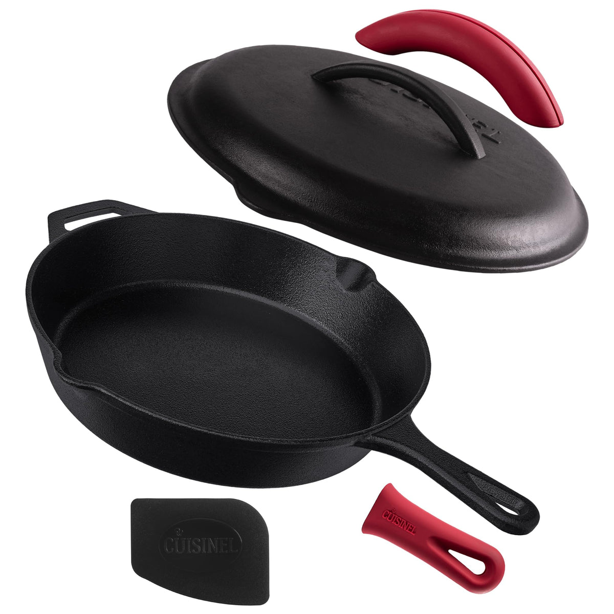 Cuisinel 12-inch cast iron skillet with lid showing even heating for perfect sear