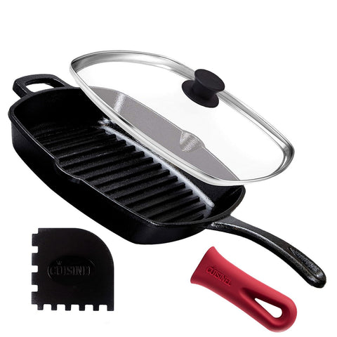 Cuisinel cast iron square grill pan with ridges for juicier sears