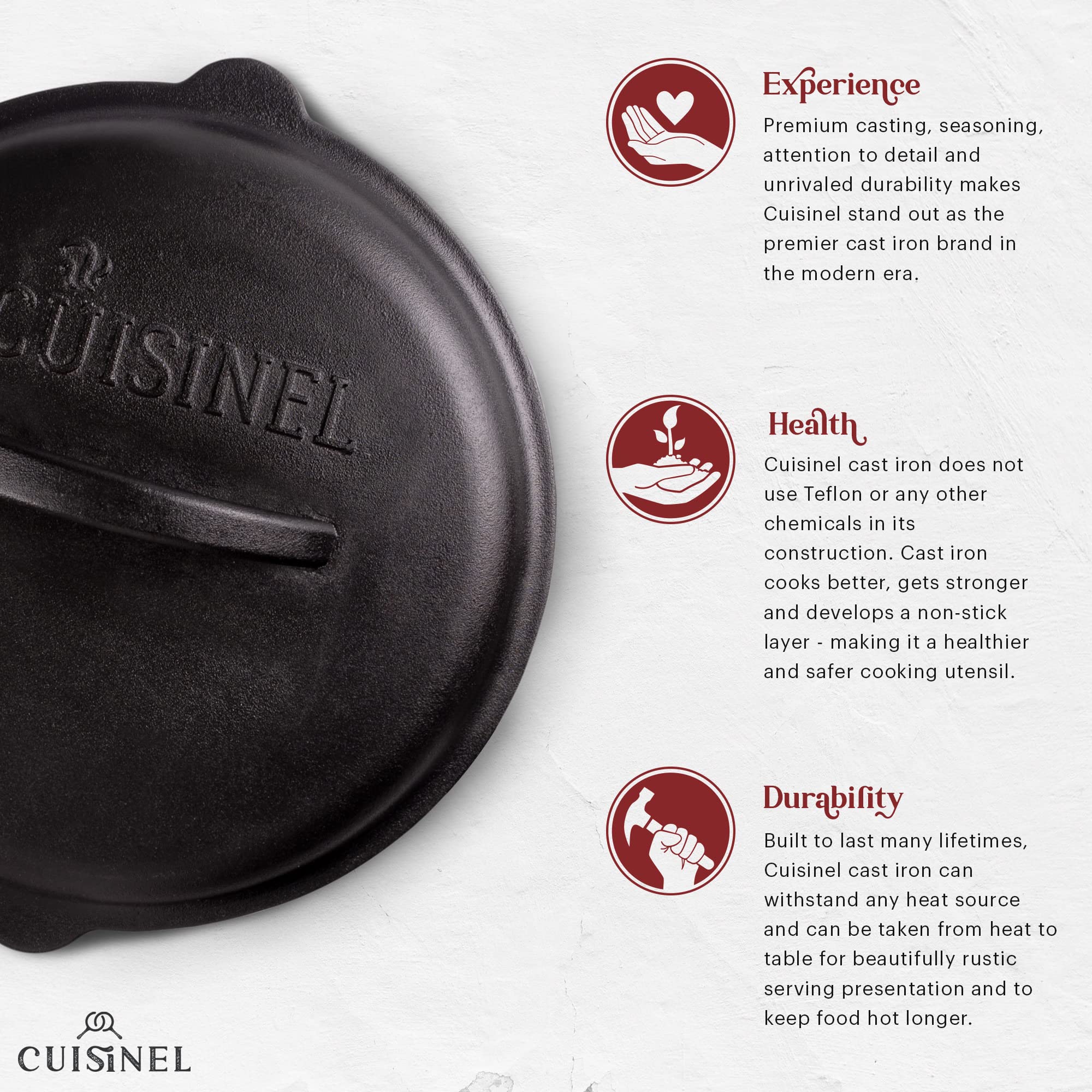 Cuisinel heavy-duty cast iron lid withstands high temperatures for searing and braising.