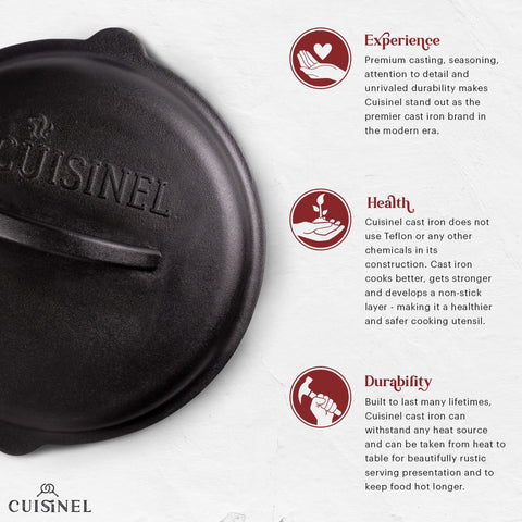 Cuisinel heavy-duty cast iron lid withstands high temperatures for searing and braising.