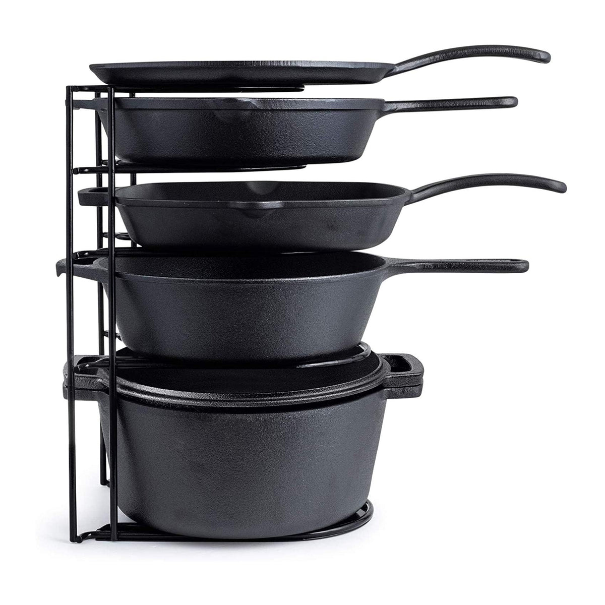 Cuisinel heavy-duty pots and pans organizer rack with five tiers for easy kitchen organization.