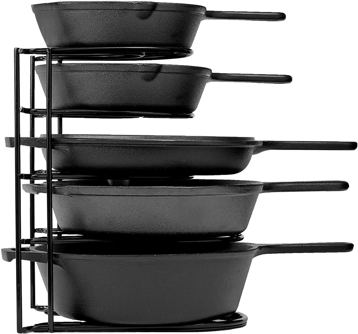 Cuisinel heavy duty organizer rack front view showing organized cast iron pans for easy access