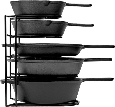 Cuisinel heavy duty organizer rack front view showing organized cast iron pans for easy access
