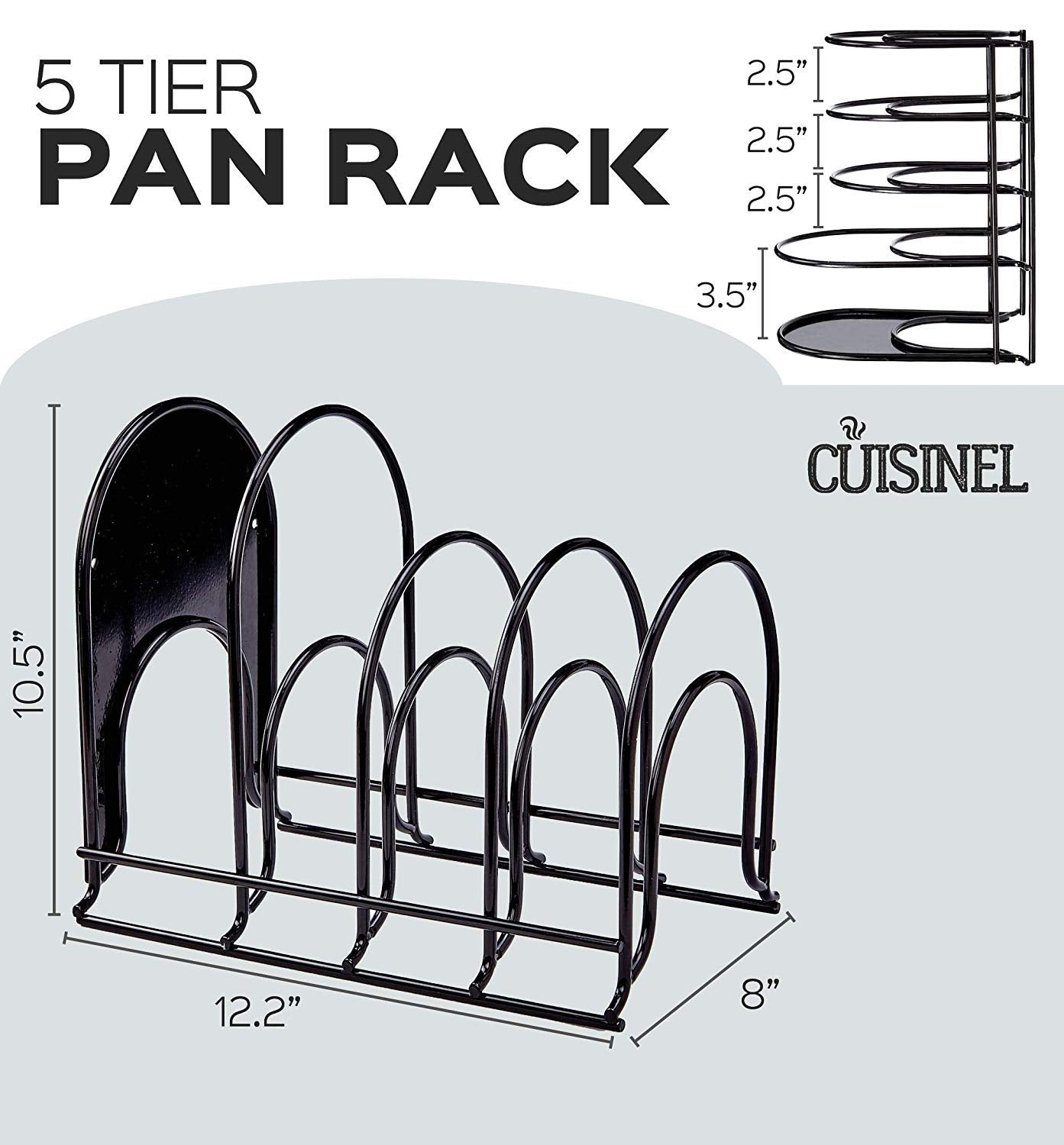 Cuisinel heavy duty organizer rack in kitchen demonstrating tidy pan storage and convenient reach