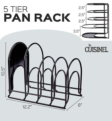 Cuisinel heavy duty organizer rack in kitchen demonstrating tidy pan storage and convenient reach