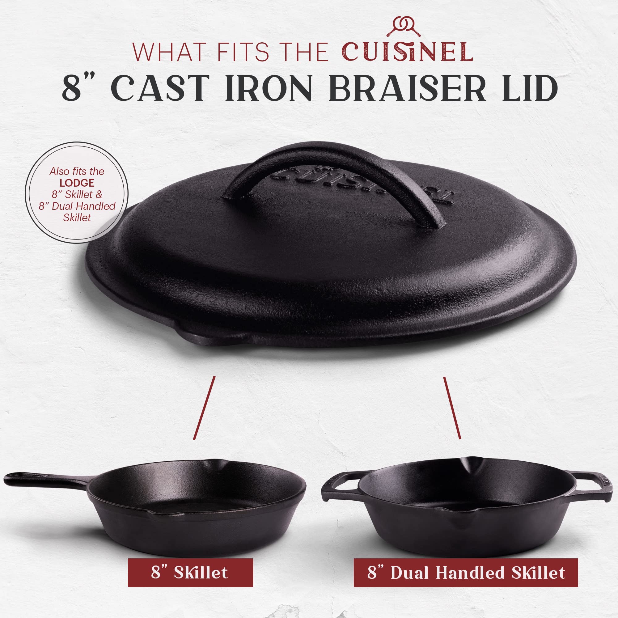 Cuisinel pre-seasoned lid fits 8-inch pans for quick, versatile cooking.