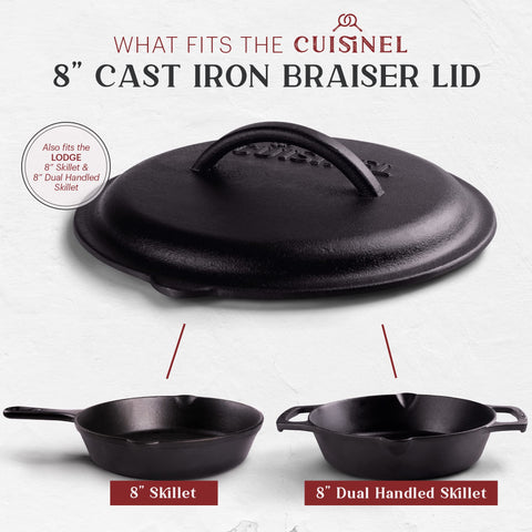 Cuisinel pre-seasoned lid fits 8-inch pans for quick, versatile cooking.