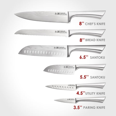 Damascus-inspired blade close-up showing pattern and sharp edge of Cuisine::pro knife
