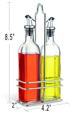 Clear glass bottles by Cuisinox highlight olive oil color and vinegar clarity.
