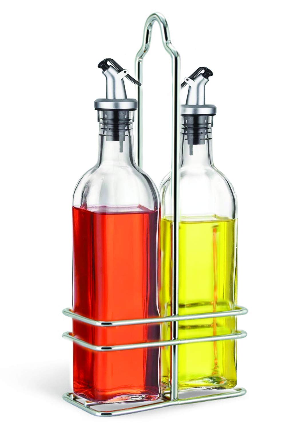 Cuisinox oil and vinegar cruet set with wire caddy on table for elegant, dripless serving.