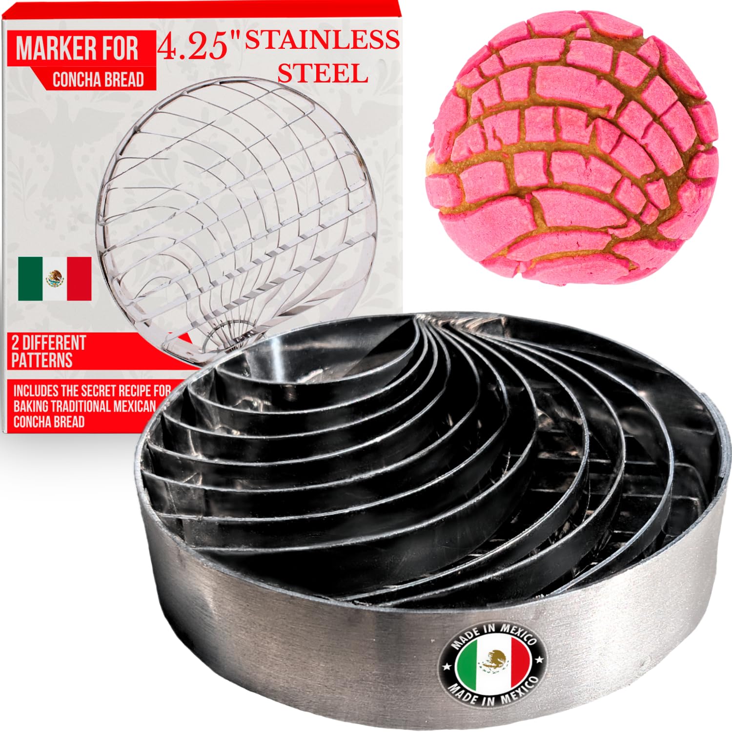 Cuitaxi concha mold front view shows stainless steel durability for bakery-grade cuts.