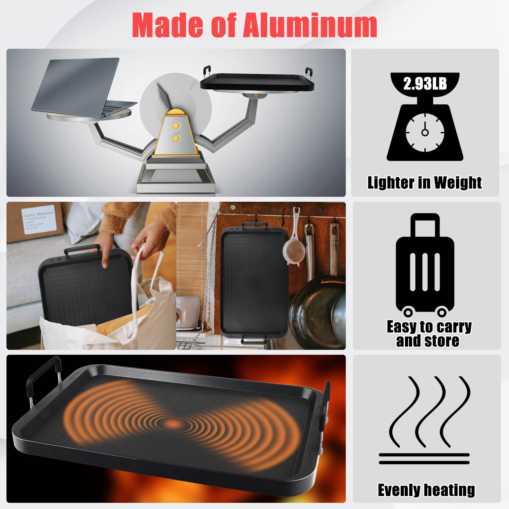CukAid flat-top grill dishwasher-safe label signaling quick, simple clean-up.