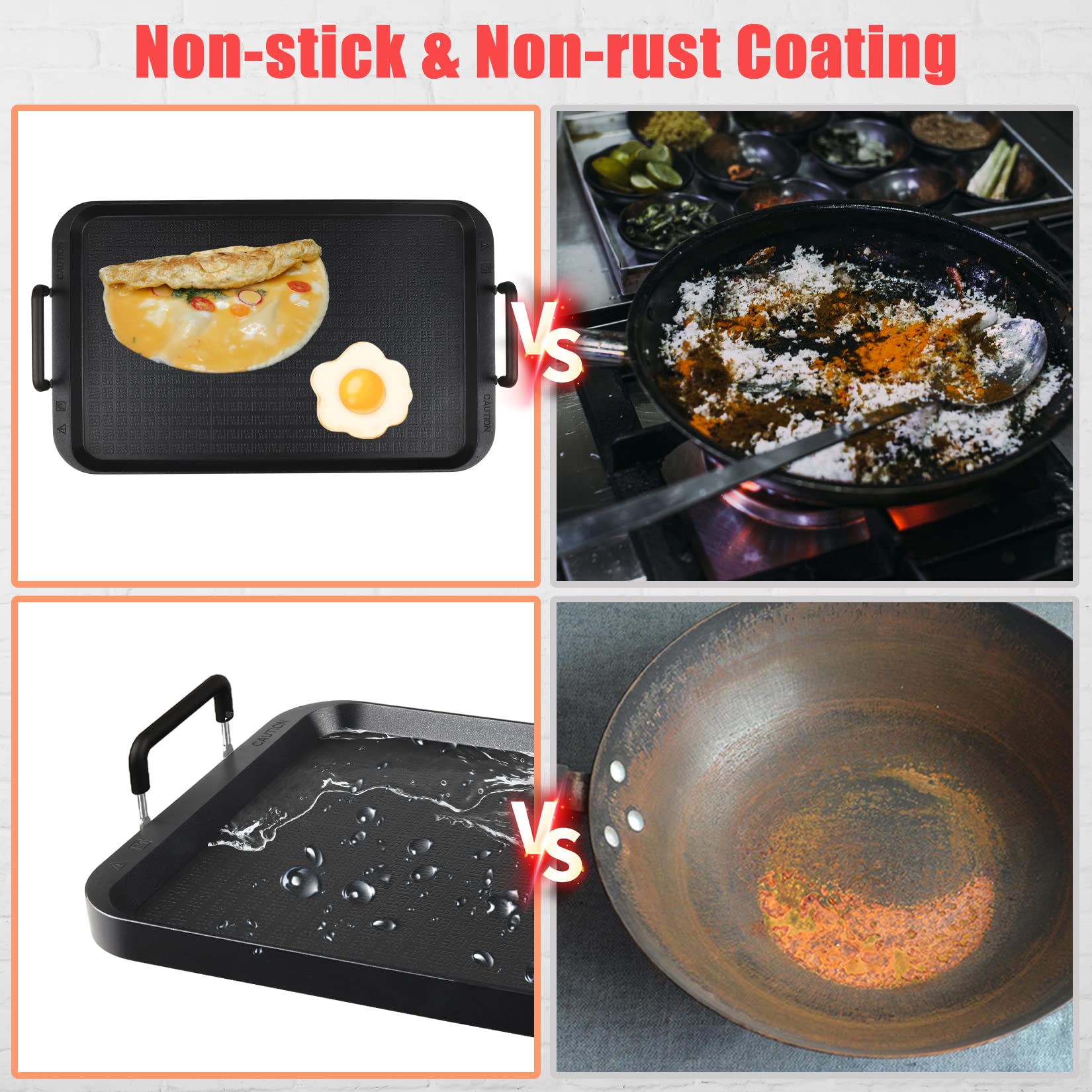 CukAid flat-top grill non-stick coating close-up indicating easy food release.