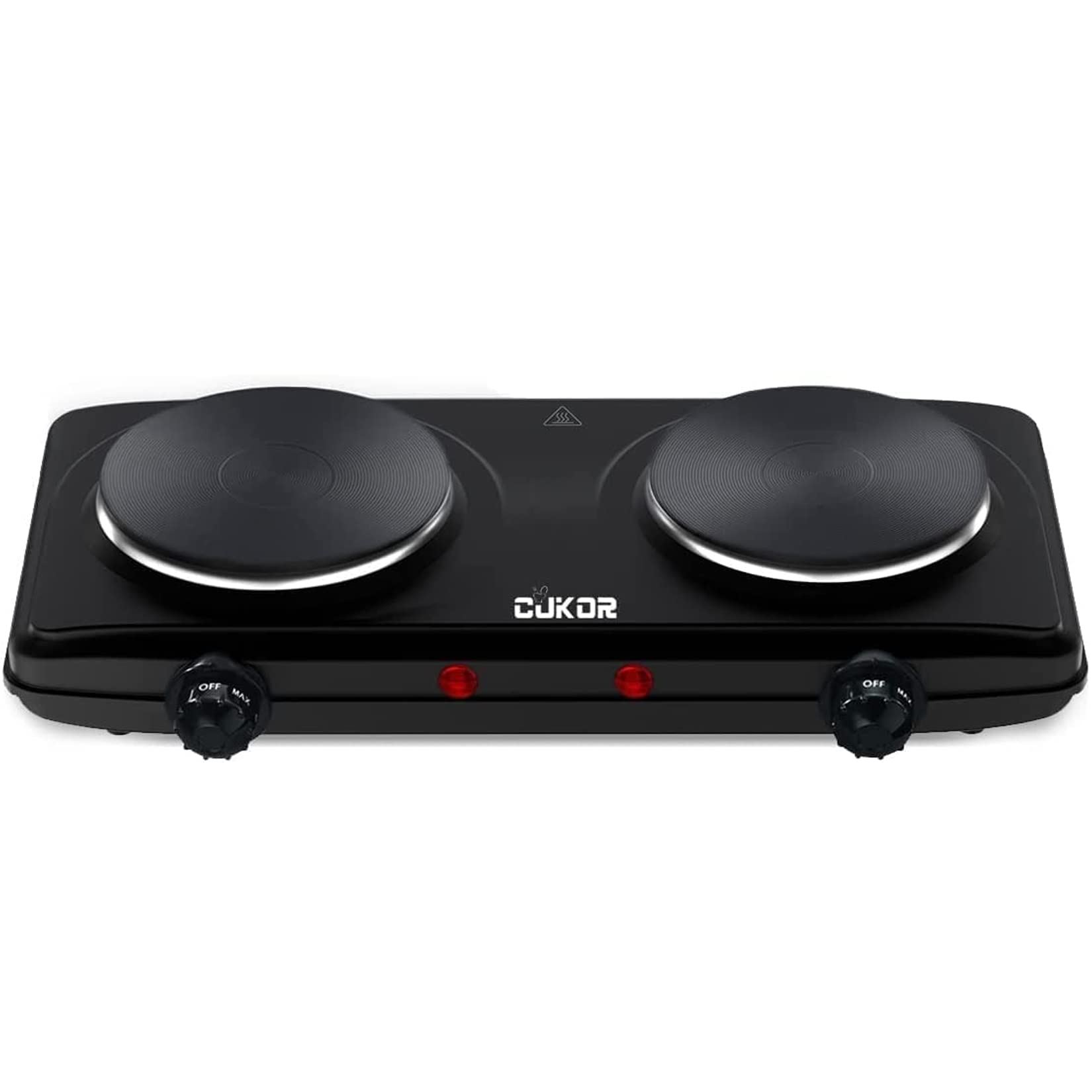 CUKOR double burner front view shows compact two-burner setup in a small kitchen.